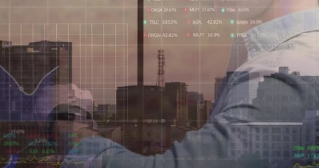 Sticker - Financial data and stock market animation over cityscape and businessperson