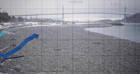 Poster - Animating graph over rocky beach with bridge in background