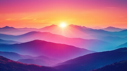 Poster -   Sunset view of mountain range with sun rising over mountains in foreground and far distance