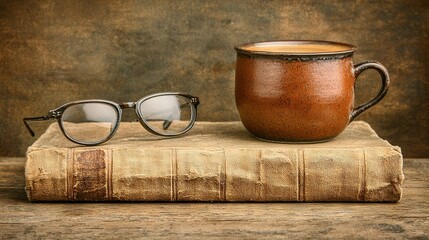   A cup of coffee sits atop a book next to a pair of glasses resting on the same book