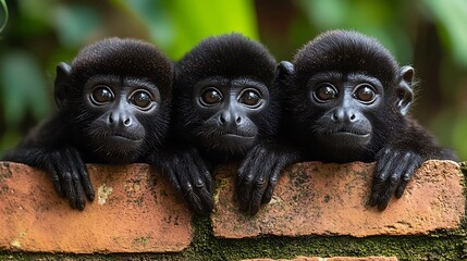 Wall Mural - Three adorable black howler monkey babies peeking over a brick wall, looking curiously at the camera.