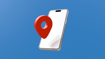 Fototapete - GPS and navigation symbol and blank screen smartphone on blue background. Map pin icon on blank screen phone. Mobile gps navigation concept. Pin pointer gps with smartphone white screen.