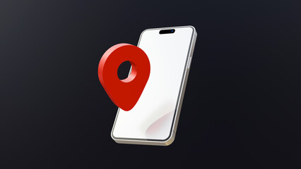 Fototapete - GPS and navigation symbol and blank screen smartphone on black background. Map pin icon on blank screen phone. Mobile gps navigation concept. Pin pointer gps with smartphone white screen.