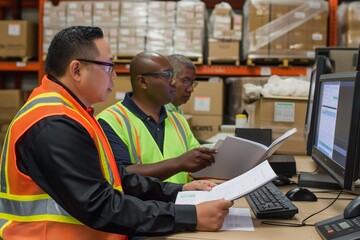 Aufkleber - A group of three workers in safety vests collaborate at a warehouse, using a computer for efficient inventory management. They work in an organized environment with shelves and boxes