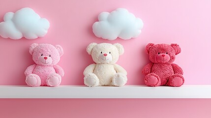 Sticker -   A trio of  bears perched on a shelf against a pink backdrop with clouds overhead