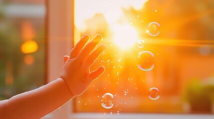 Wall Mural -   A close-up of a person's hand with soap bubbles in front of a sunlit window