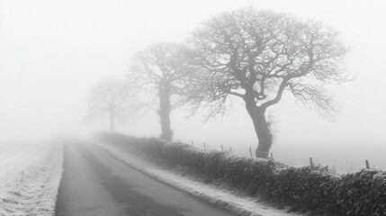 Wall Mural -  B&W photo of foggy road w/trees on either side & fence on opposite side