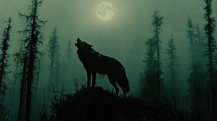 Wall Mural -   A lone wolf atop a hill in woods during night with full moon in background