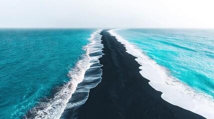 Sticker -   An aerial view of a black sand beach, with a long black sand line stretching down the middle