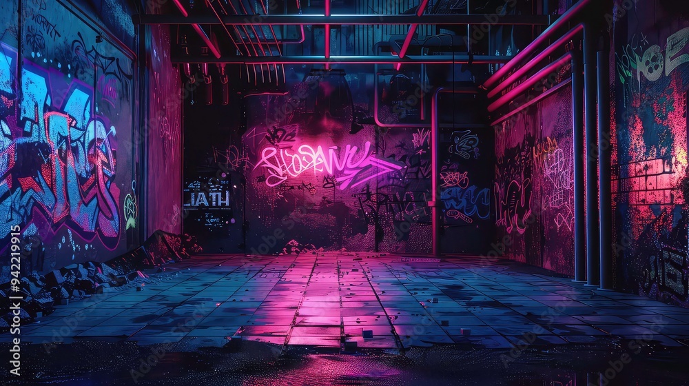 Empty urban alleyway with graffiti walls illuminated by neon light. の ...