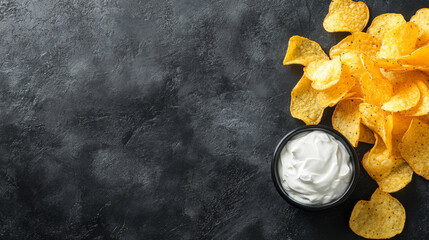 A bowl of white dip sits on a table next to a pile of chips