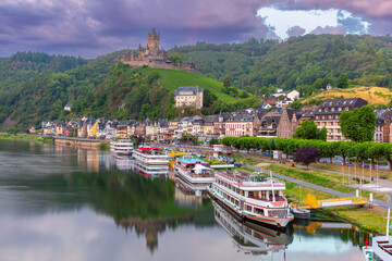 Wall Mural - Cochem, beautiful town on romantic Moselle river, Reichsburg castle on hill, Germany