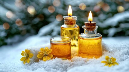 Wall Mural -   Bottles on top of snow-covered ground with small candles