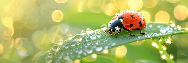 Wall Mural - Close-up of a beautiful ladybug perched on a leaf illuminated by soft morning light with dew droplets.