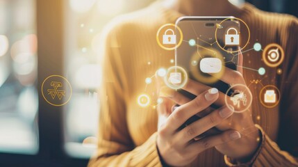 Woman using a smartphone with digital security icons, highlighting data protection.