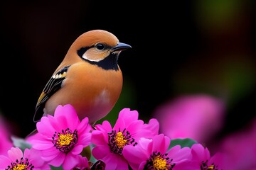 Wall Mural - Beautiful birds in a vibrant, blooming garden captured in a photo with a focus on the interplay of color and light