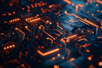 Poster - This is a detailed and intricate view of modern electronics featuring advanced circuitry on a microchip, showcasing various glowing elements that represent the cuttingedge technology available today