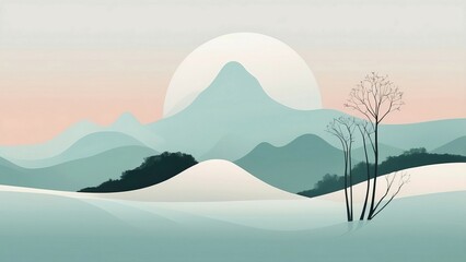 Sticker - Landscape with mountains and trees in paper art style.