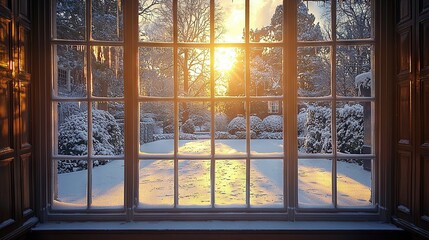 Wall Mural -   The sun shines brightly through the snow-covered yard's window, revealing trees and lush bushes beyond