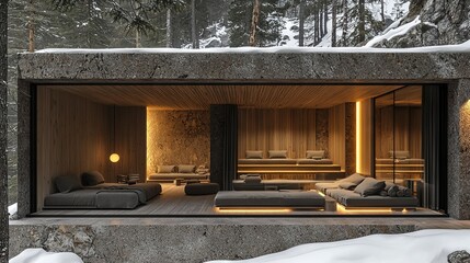 Poster -  A cozy living room adjoins a serene forest brimming with trees on a snow-capped hillside