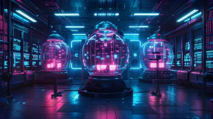 Poster - Futuristic Neon Lit Server Room with Advanced Technology and Cyberpunk Aesthetic