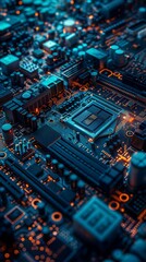 Poster - Close-up of an Advanced Circuit Board with Glowing Components and Modern Technology