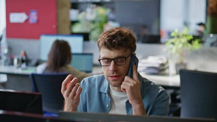 Poster - Worried employee calling cellphone at workplace closeup. Upset manager talking