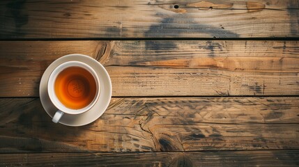 Wall Mural - tea in cup on brown wooden surface