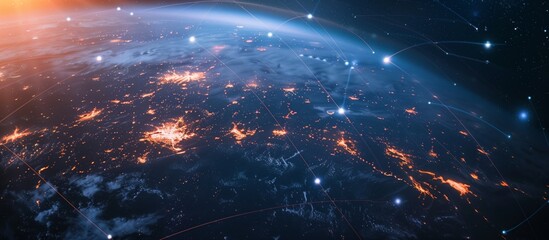 Aufkleber - A breathtaking view of Earth from space, showcasing global communication networks with illuminated cities and connected nodes. The image highlights technological advancement and global connectivity.