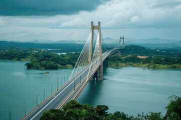 Wall Mural - A long bridge stretching over a large body of water with calm waters and surrounding landscape