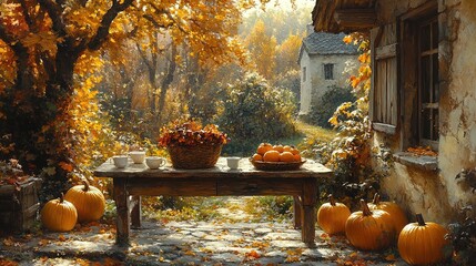 Wall Mural - Autumn nature concept. Fall pumpkins and apples on wooden rustic table. Thanksgiving dinner