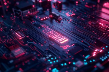 Poster - This image shows a detailed closeup of modern microchip circuitry, showcasing advanced electronics technology with intricate design elements that captivate the viewers attention