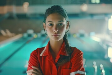 Aufkleber - A woman stands by the edge of a swimming pool, possibly waiting for someone or enjoying the scenery