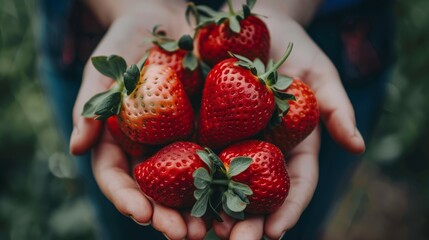 Wall Mural - shallow focus photography of strawberries on person's palm