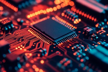 Poster - This is a detailed and closeup view of the intricate circuitry found within a microchip, showcasing the sophisticated design and advanced modern electronics technology that powers our devices