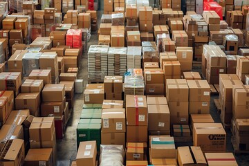 Poster - Aerial view of a busy warehouse filled with stacks of cardboard boxes and packages, prepared for shipping and distribution. The scene showcases logistics, storage, and warehouse management.