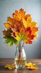 Wall Mural - A bouquet of yellow autumn maple leaves in a vase against a white tree background. Autumn composition. Copy space