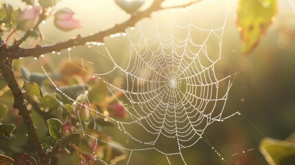 delicate spider web glistening in the morning dew