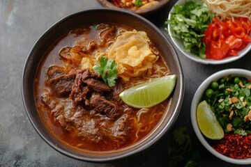 Wall Mural - Padang Soup, A spicy beef soup from West Sumatra, featuring crispy fried beef slices, vermicelli noodles, and a rich, aromatic broth.