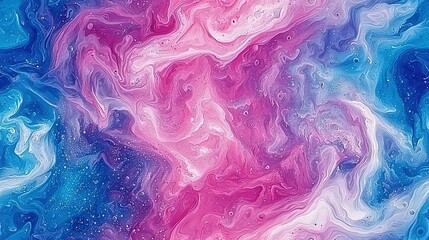 Wall Mural -   A beautiful painting of blue, pink, and white swirls against a blue-pink backdrop, adorned with white dots at the base