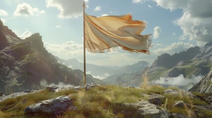 Poster - A flag waving at the summit of a mountain, surrounded by rugged peaks