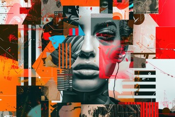 Wall Mural - A vibrant collage of a woman's face featuring various colors and designs, perfect for use in design projects or artistic expressions