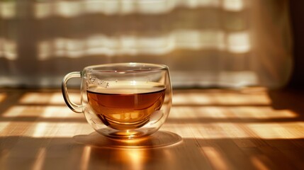 Wall Mural - clear tea cup on brown surface