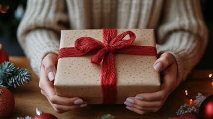 Person holding a beautifully wrapped gift with red ribbon amid festive decorations during winter