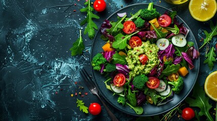 Wall Mural - top view salad with guacamole