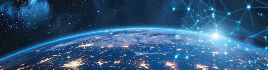 Poster - A digital illustration showcasing a view of Earth from space, illuminated by cities and interconnected global network, symbolizing technology, connectivity and modern digital communication.