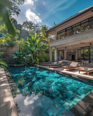 Rectangular swimming pool in tropical villa with crystal clear water, surrounded by palm trees and sun loungers. Concept of comfortable and relaxing vacation in holiday