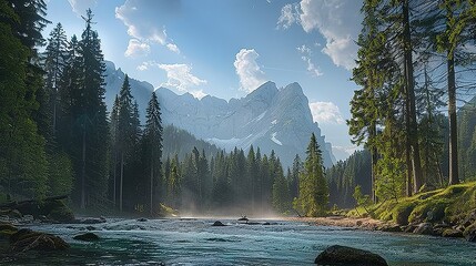 Wall Mural - river surrounded with tall trees and mountain alp at distance