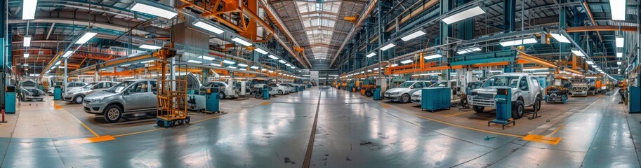 Poster - Wideangle shot of a modern automotive factory assembly line with high ceilings and advanced manufacturing processes, showcasing technological advancements in automobile manufacturing