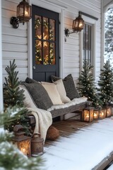 cozy front porch decorated with lanterns and christmas trees creating a festive winter atmosphere